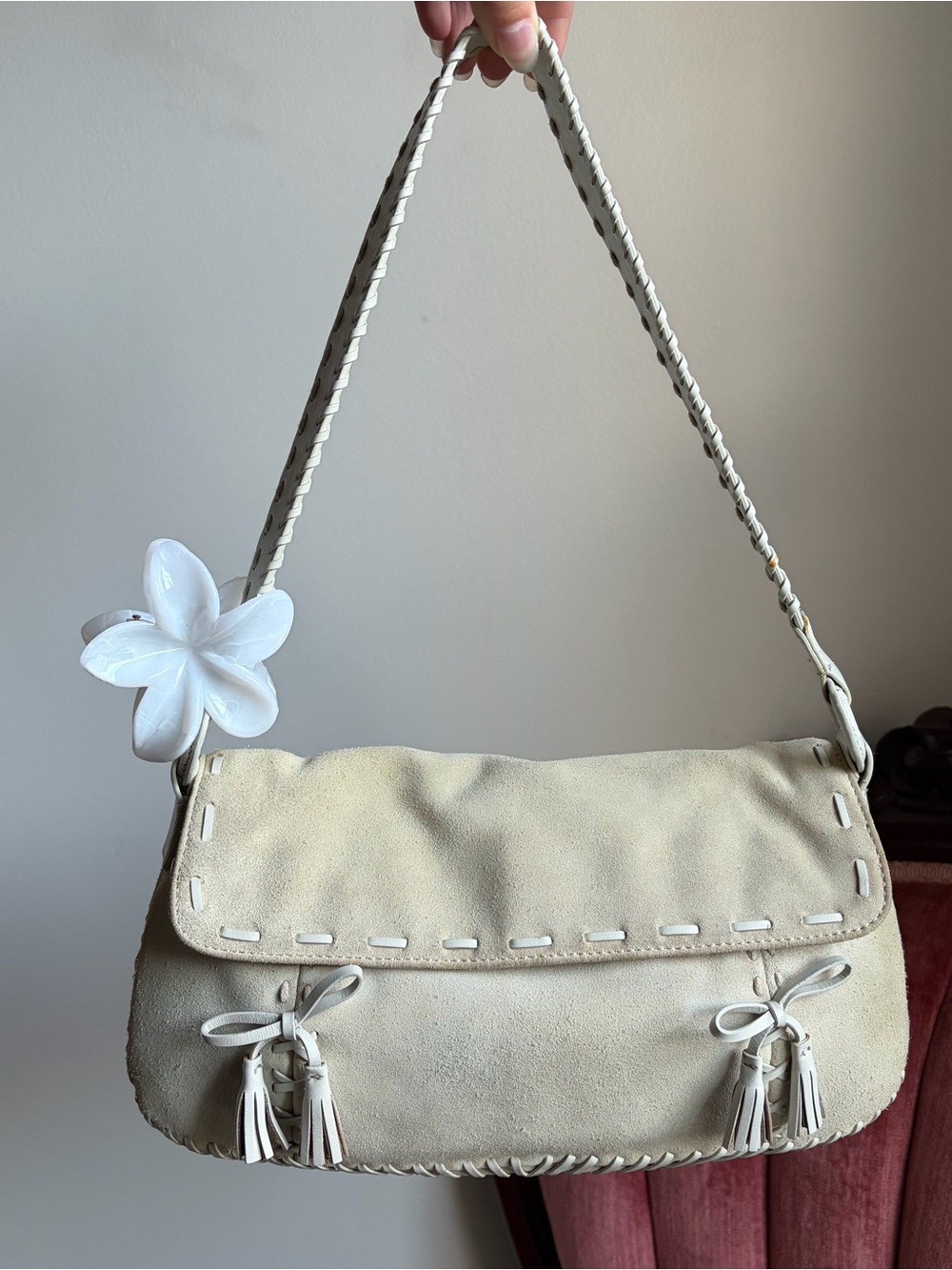 Francesco Biasia Suede Shoulder Bag with Leather Braided and Bow Details